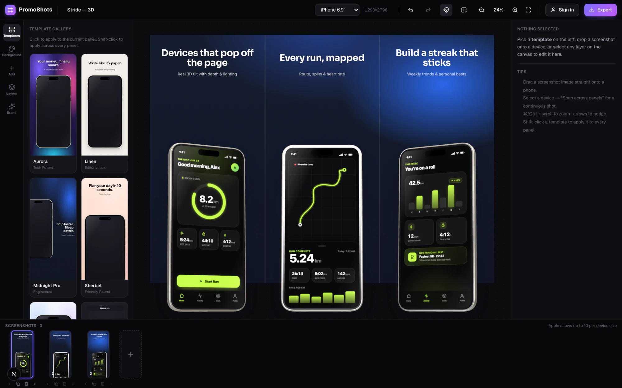 The PromoShots editor showing three running-app screenshots with 3D device frames on a dark canvas