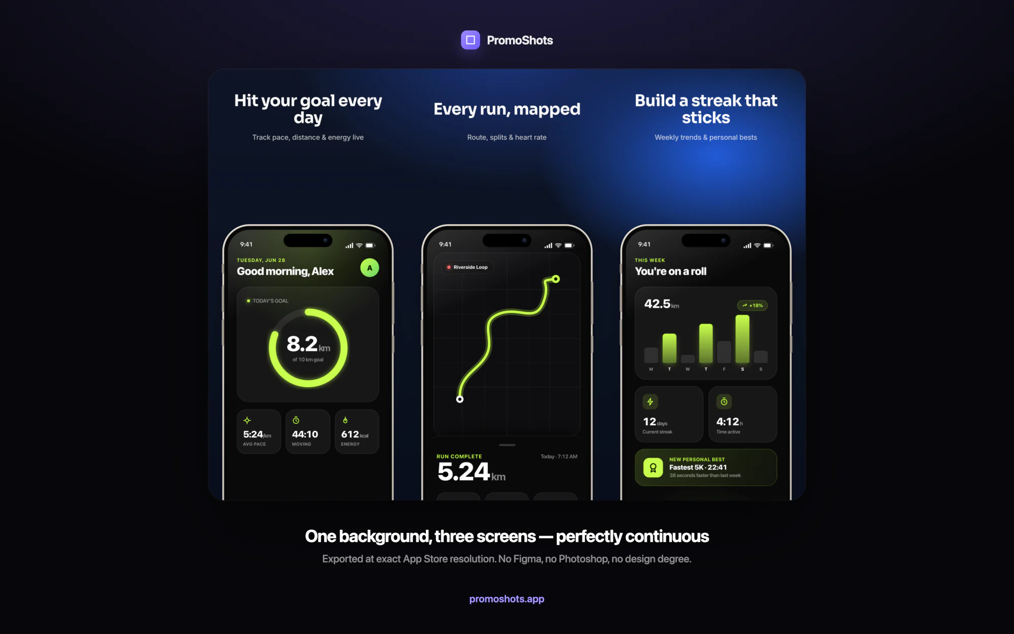 Three App Store panels sharing one continuous background with a device gliding across them