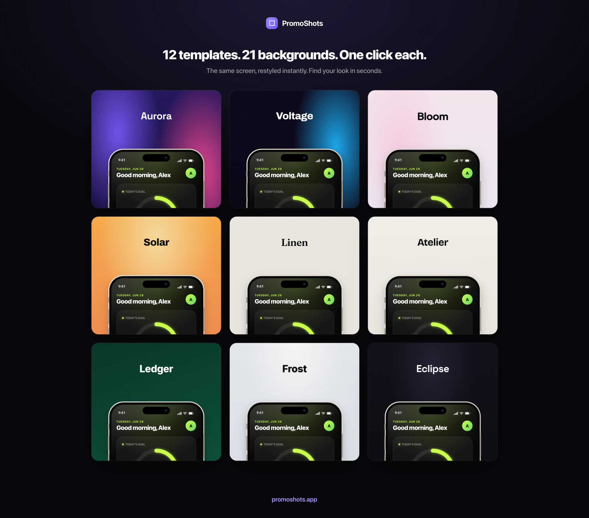One app screen shown across nine different PromoShots templates